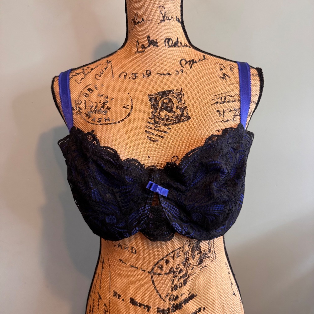 Adore Me Black Blue Lace Underwire Balconette Bra 40DDD F